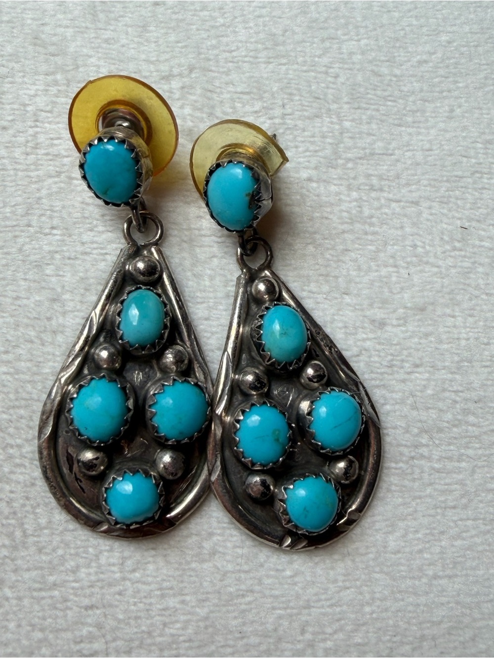 S. Milton NM artist 925 Sterling Silver Turquoise Teardrop Dangle Earrings